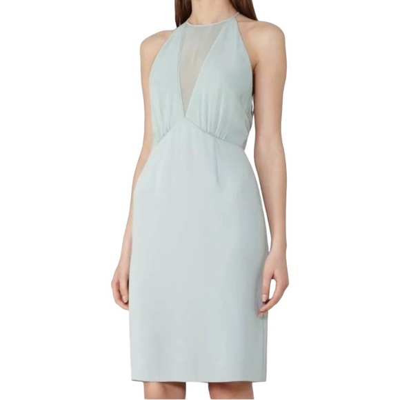 REISS Kite Halter Neckline Sheer Panel Body-Con Razor Cut Hem Dress, Mint, 10 - Picture 4 of 5
